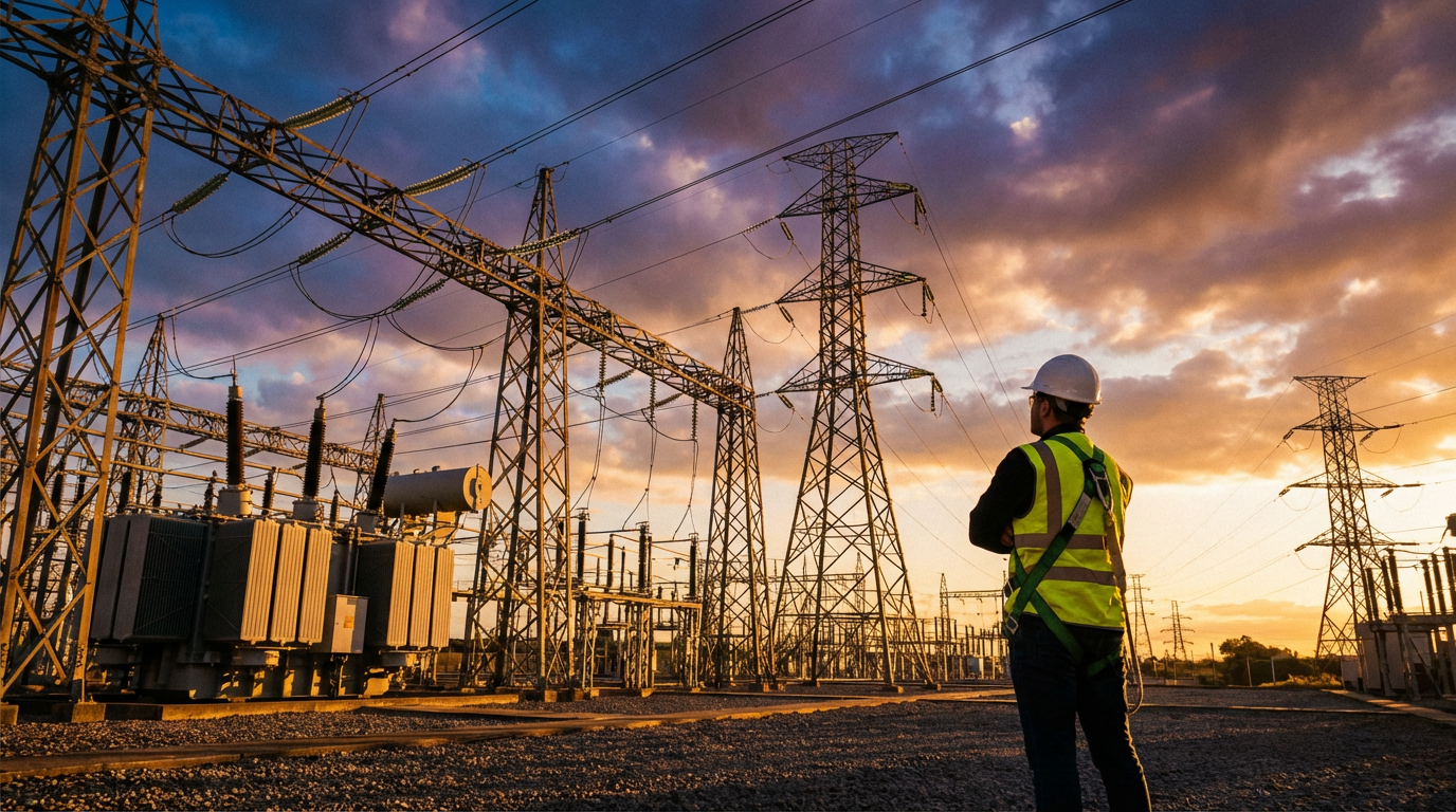 Power worker at an electrical substation at golden hour