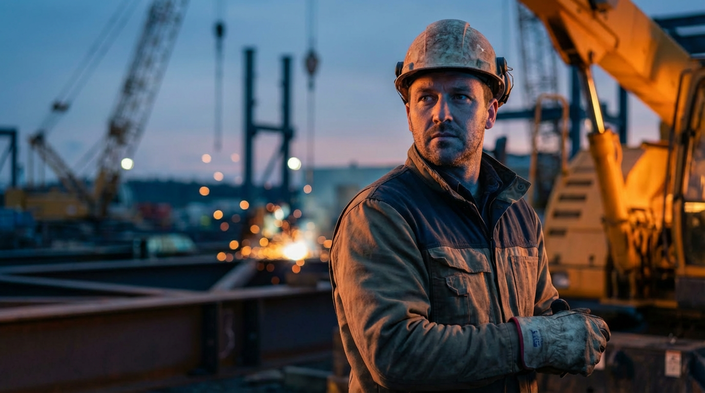 Construction worker wearing a VR headset and hard hat on a job site