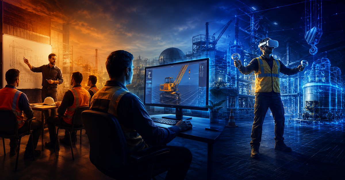Split-screen image contrasting a traditional classroom safety training session with an immersive VR training scenario